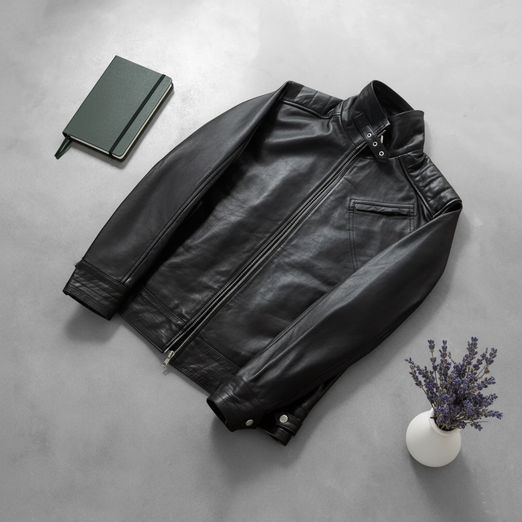 Black leather jacket on a gray surface with a notebook and small plant.