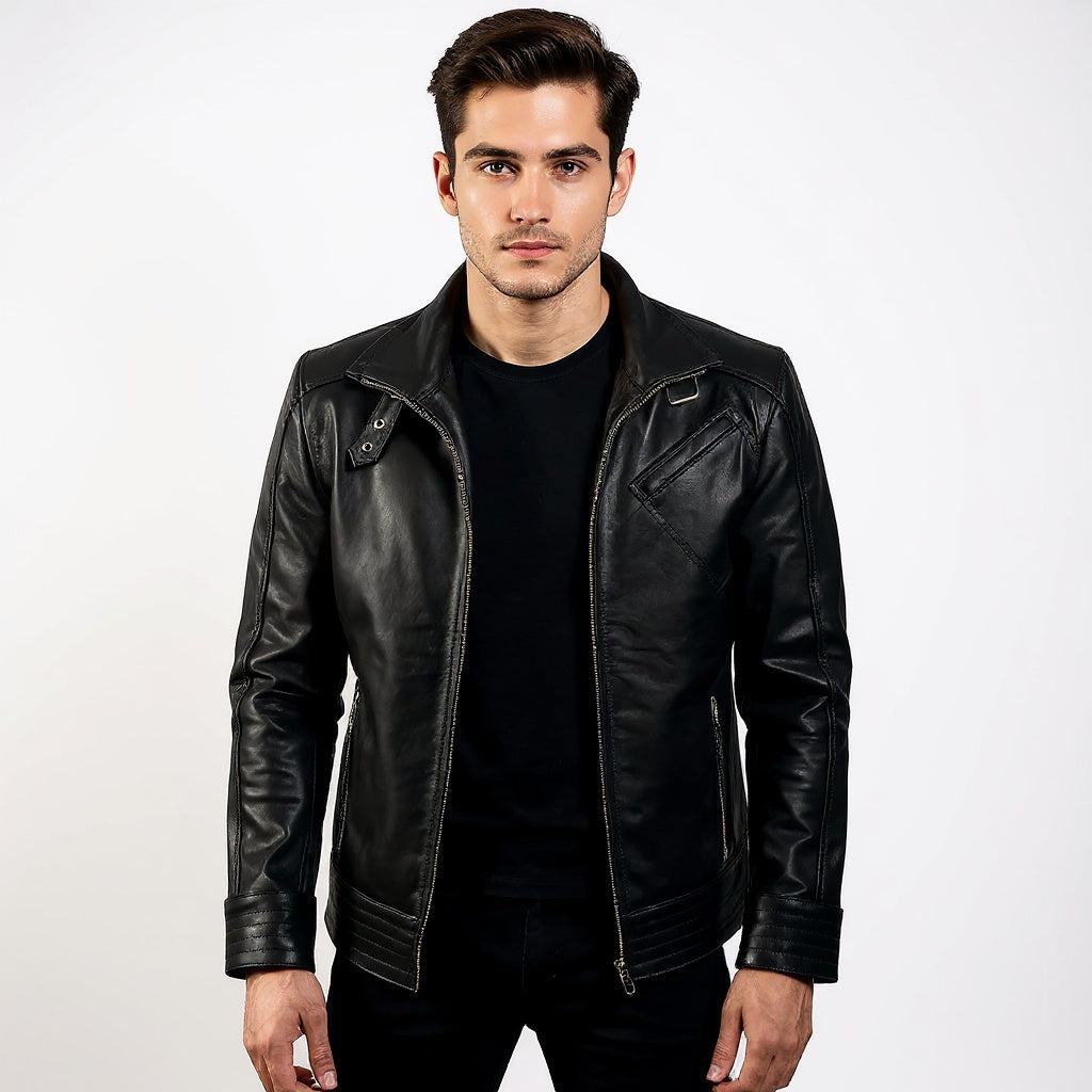 Man wearing a black leather jacket on a white background