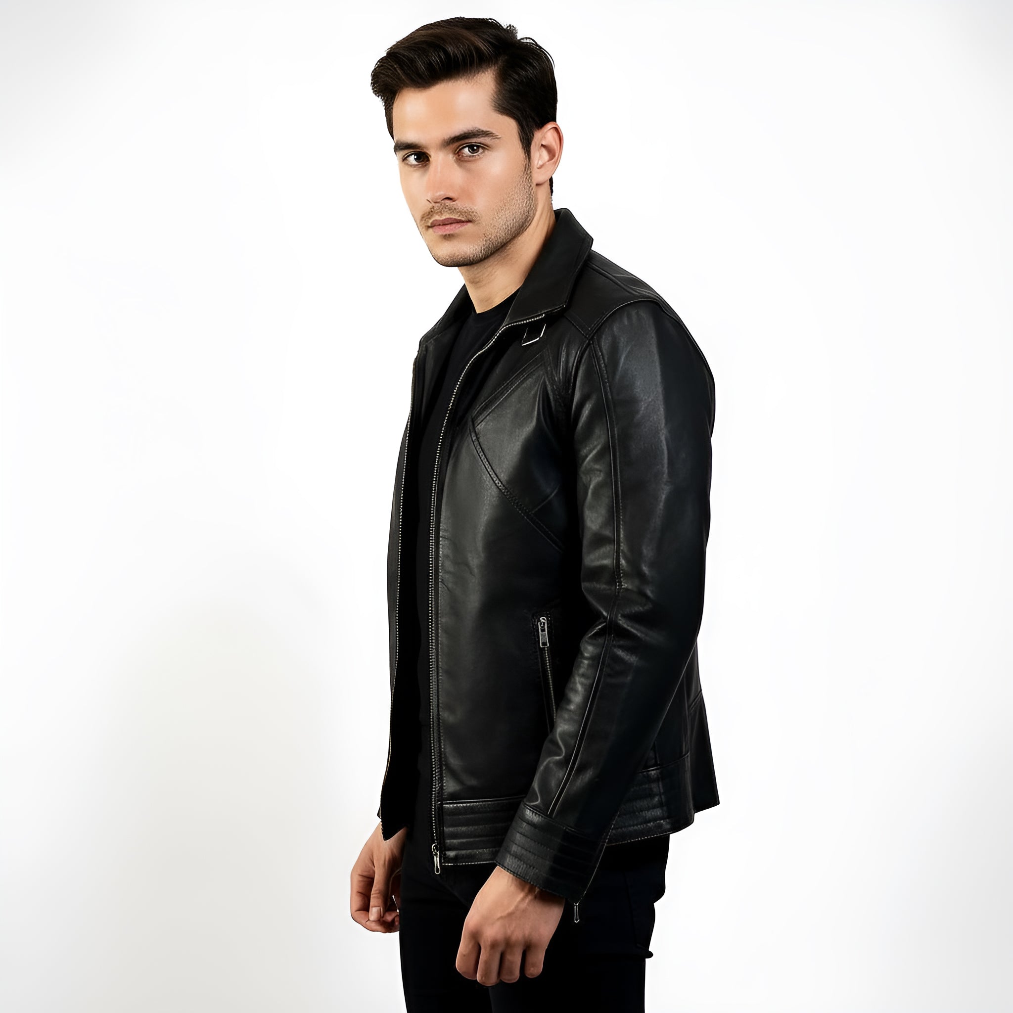 Man wearing a black leather jacket on a white background