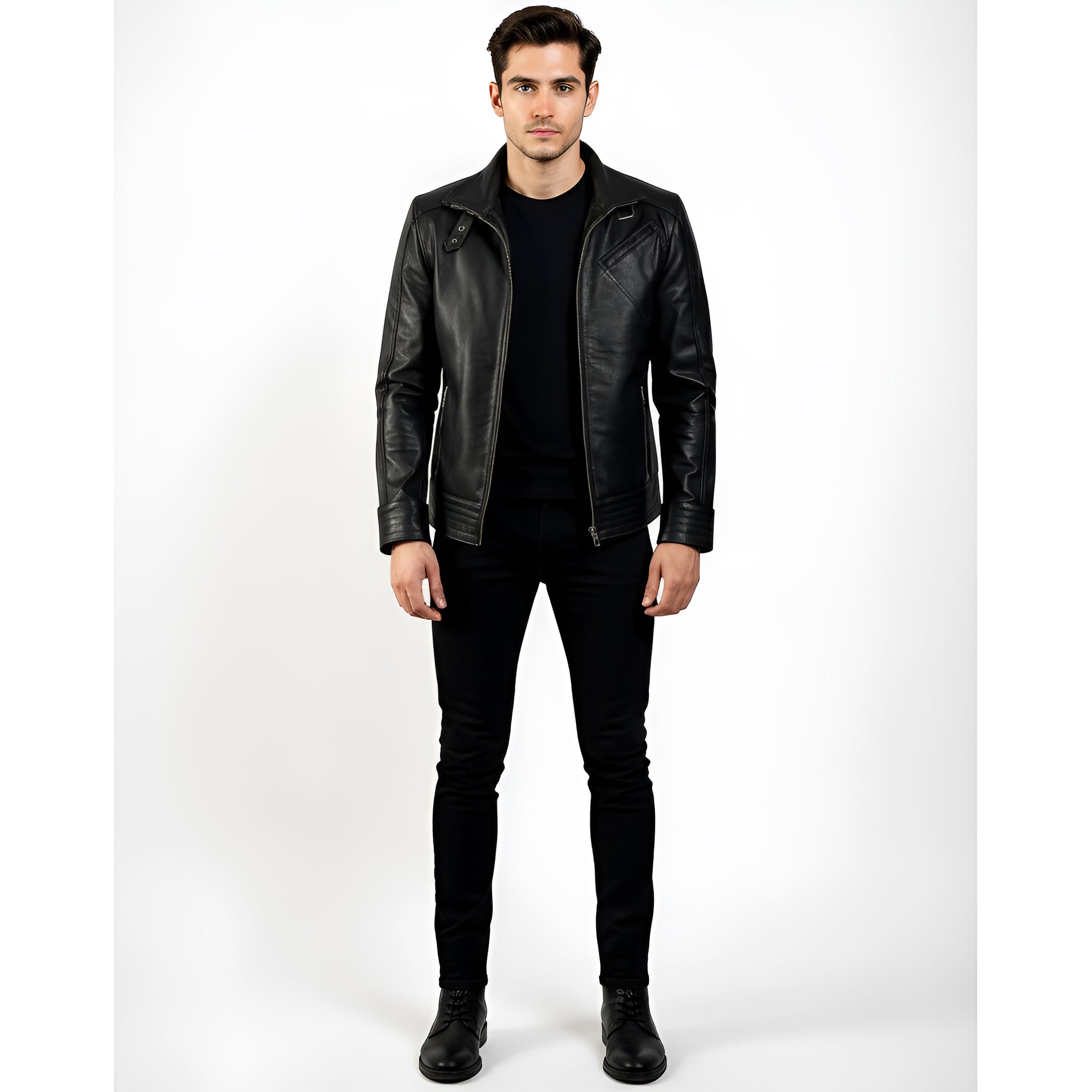 Man wearing a black leather jacket, black shirt, and black pants on a white background