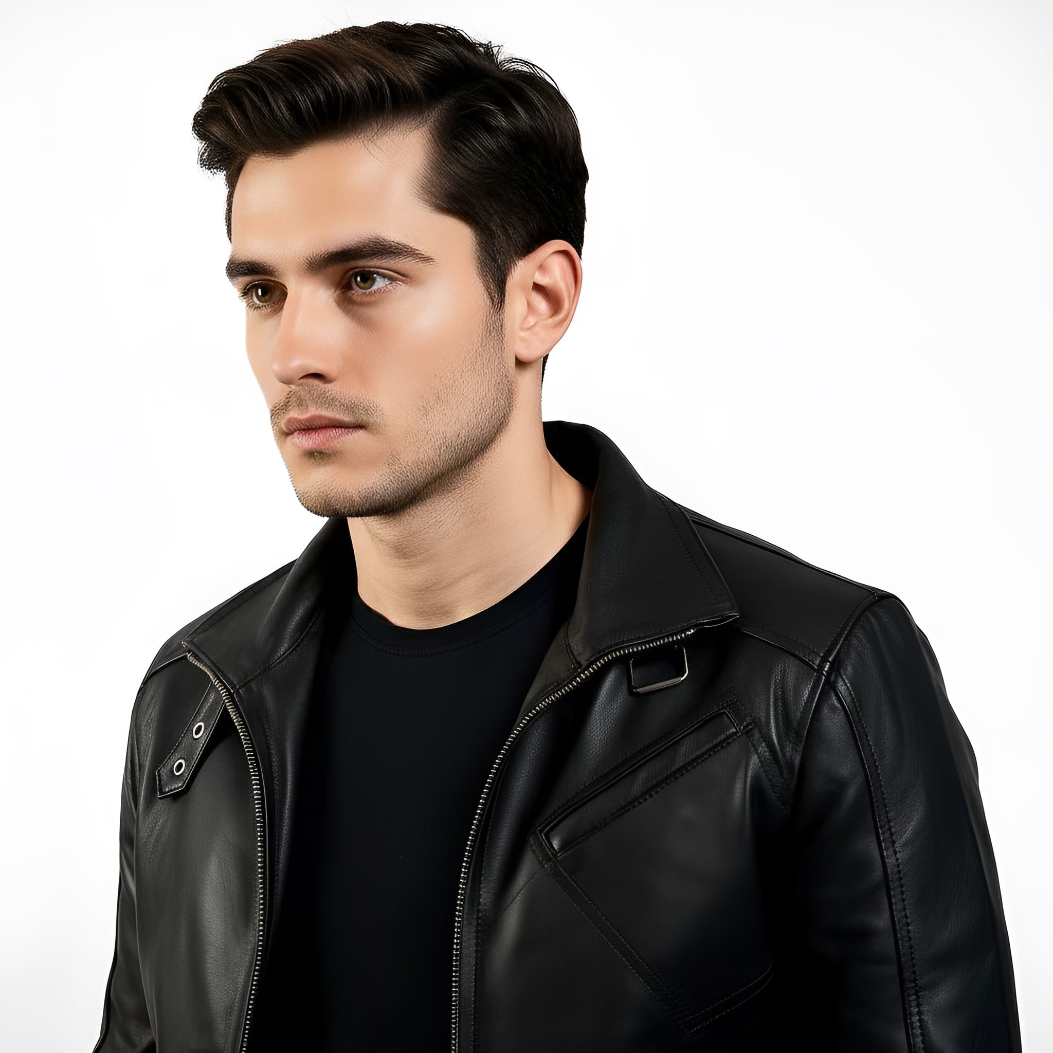 Man wearing a black leather jacket on a white background