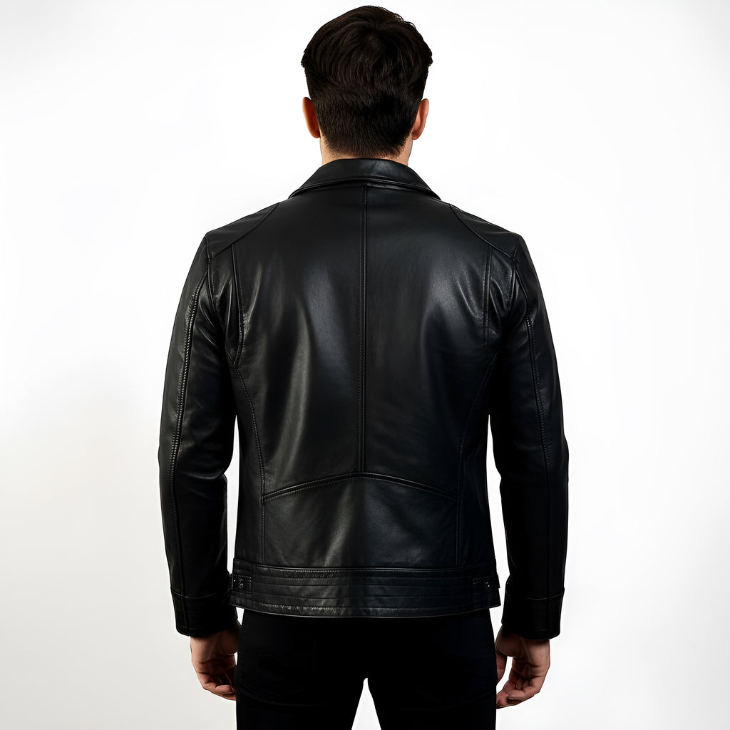 Man wearing a black leather jacket on a white background