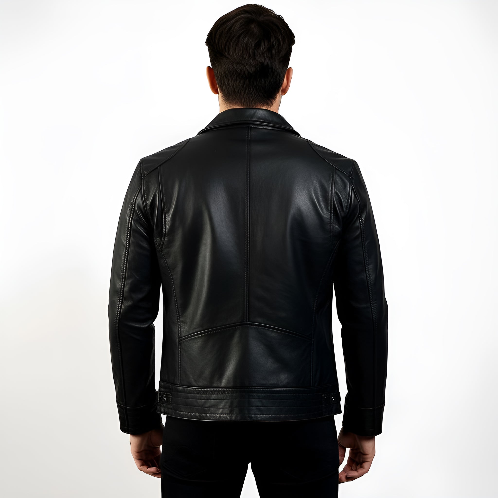Man wearing a black leather jacket on a white background