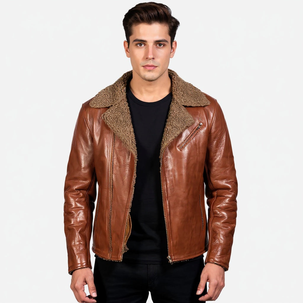 Man wearing a brown leather jacket with fur collar on a white background
