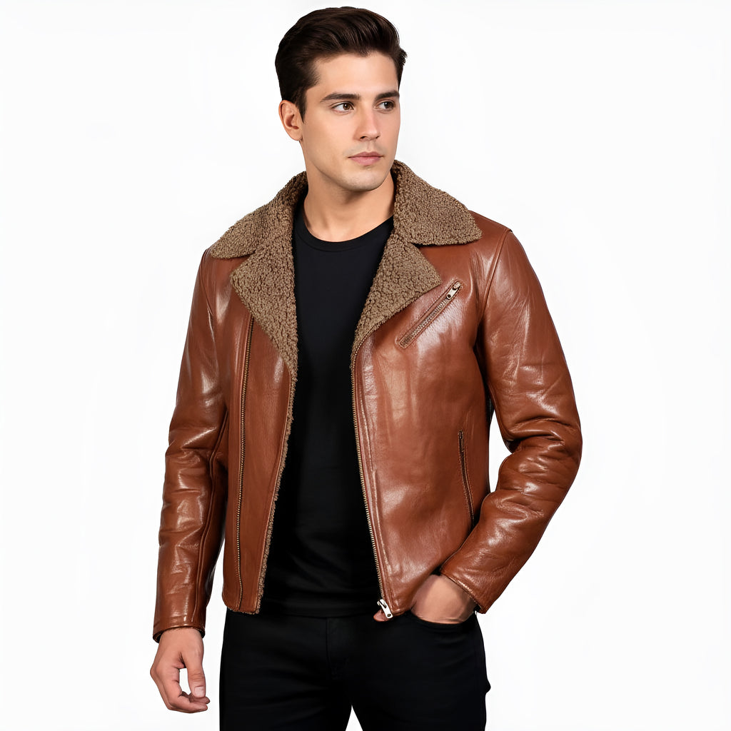 Man wearing a brown leather jacket with a white background