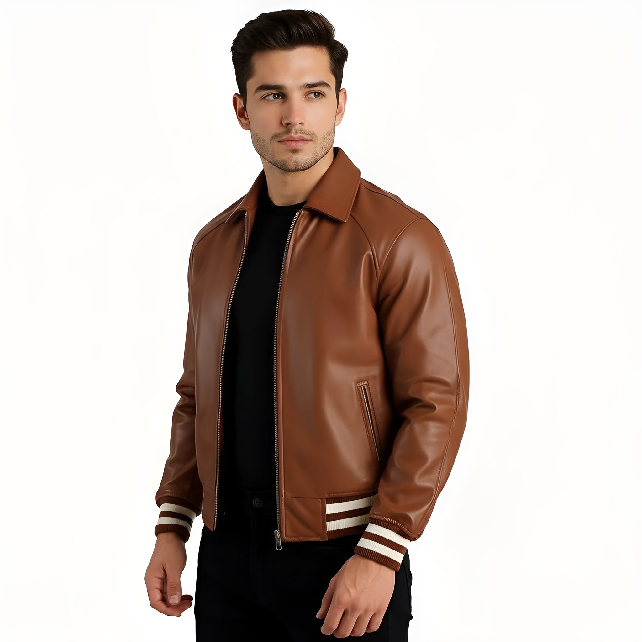 Man wearing a brown leather jacket with white stripes on a white background