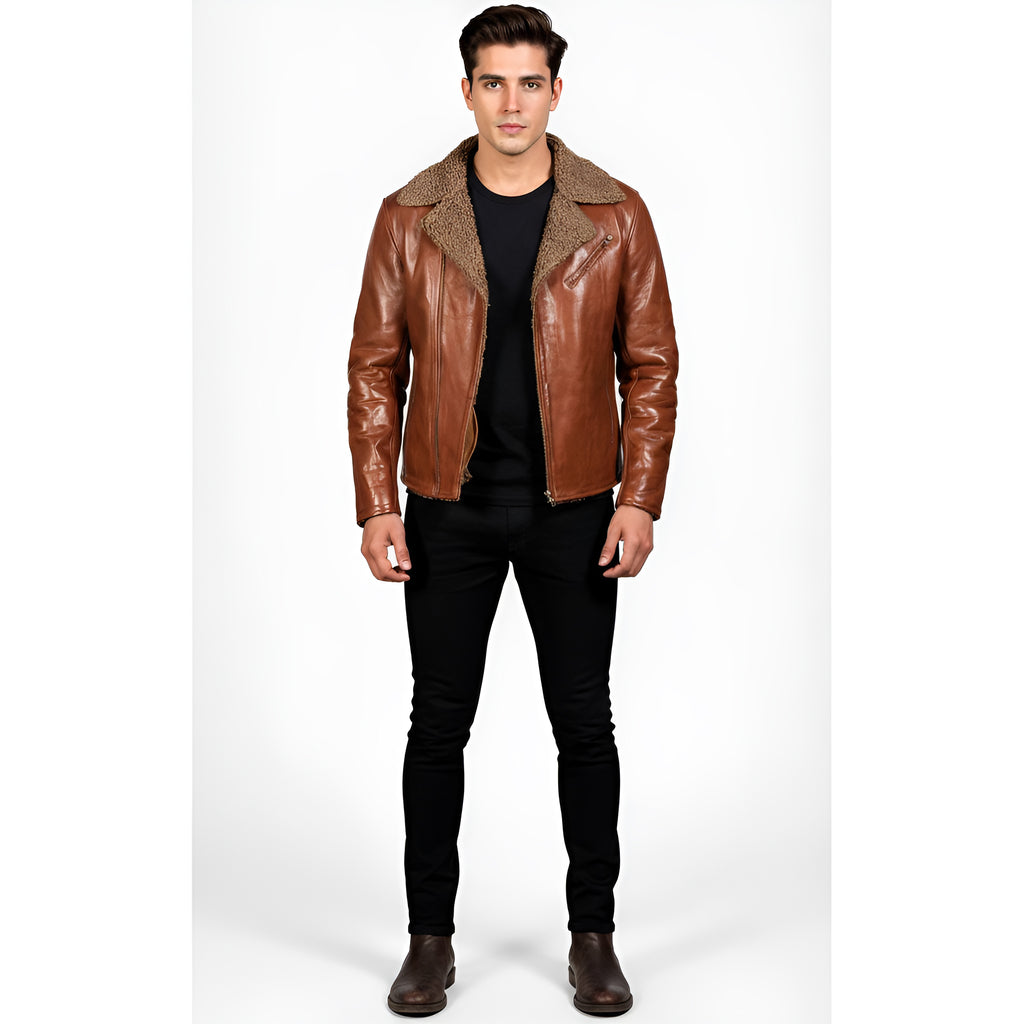 Man wearing a brown leather jacket with fur collar on a white background