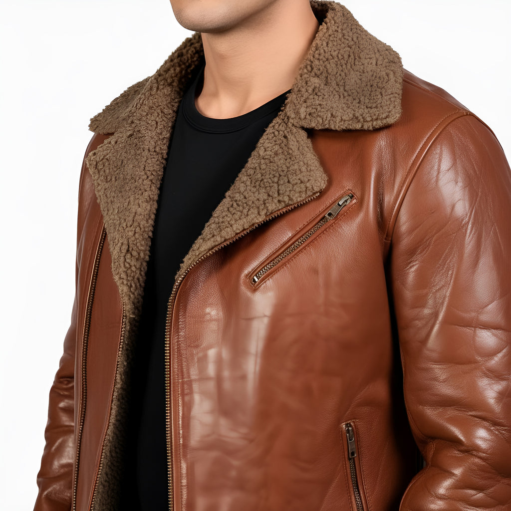 Brown leather jacket with fur collar on a white background