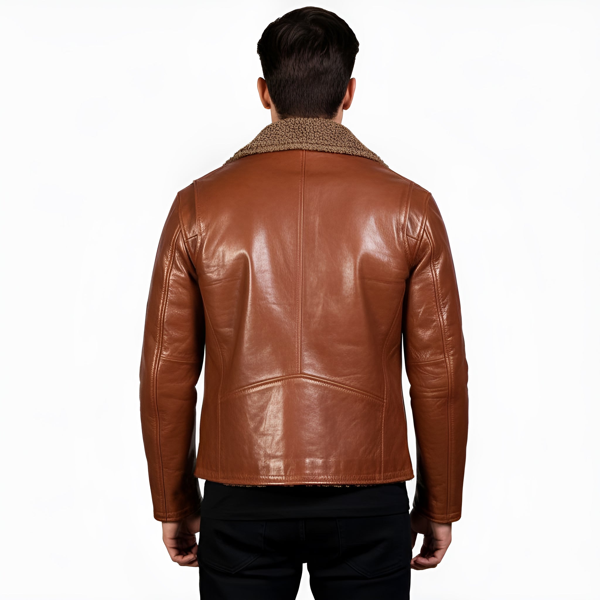Brown leather jacket worn by a person on a white background