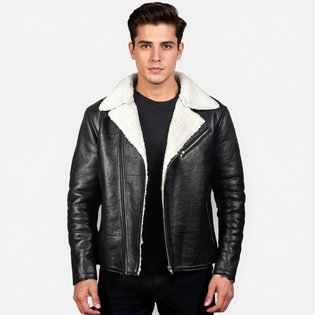 Man wearing a black leather jacket with white fur lining on a white background