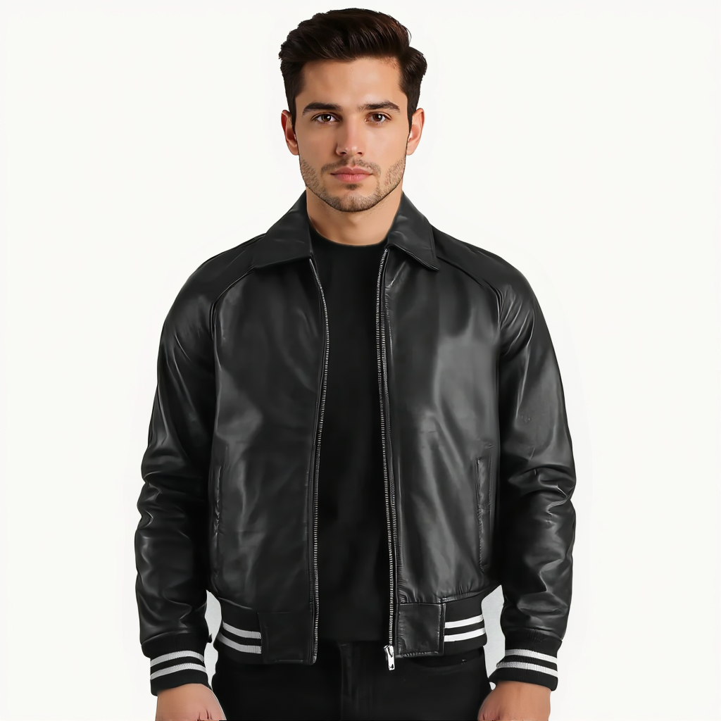 Man wearing a black leather jacket with white stripes on the sleeves against a white background