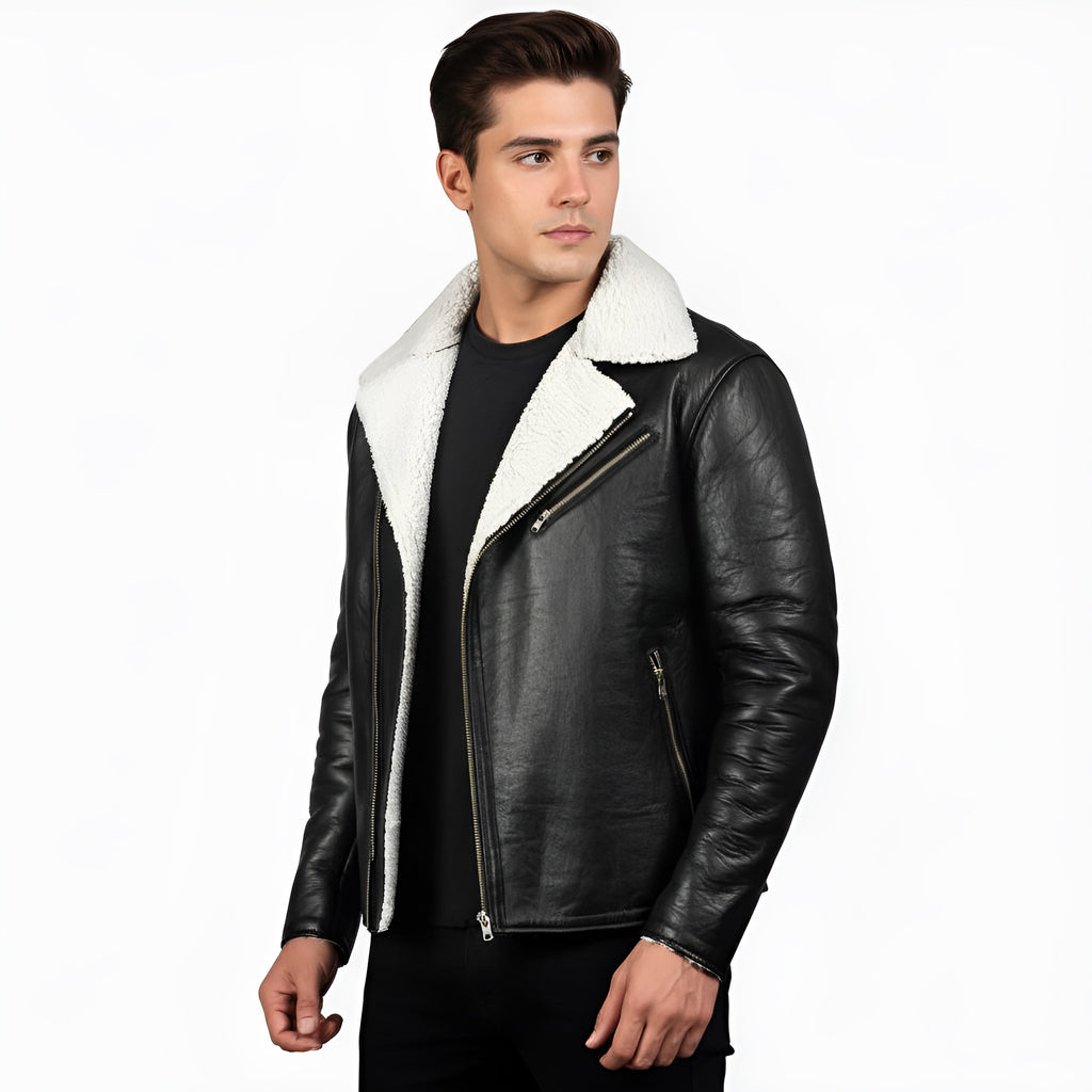 Man wearing a black leather jacket with white fur lining on a white background