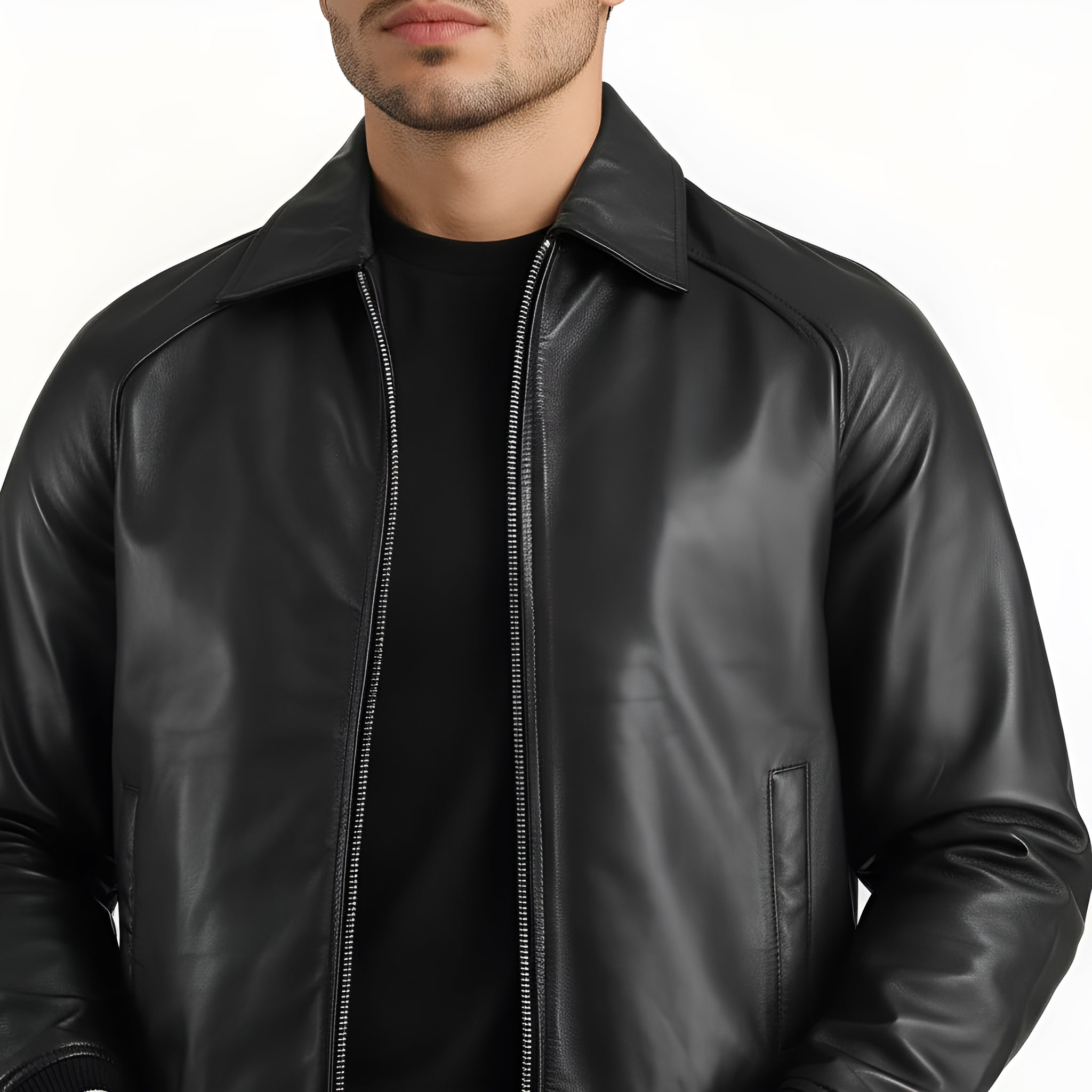 Black leather jacket worn by a person on a white background