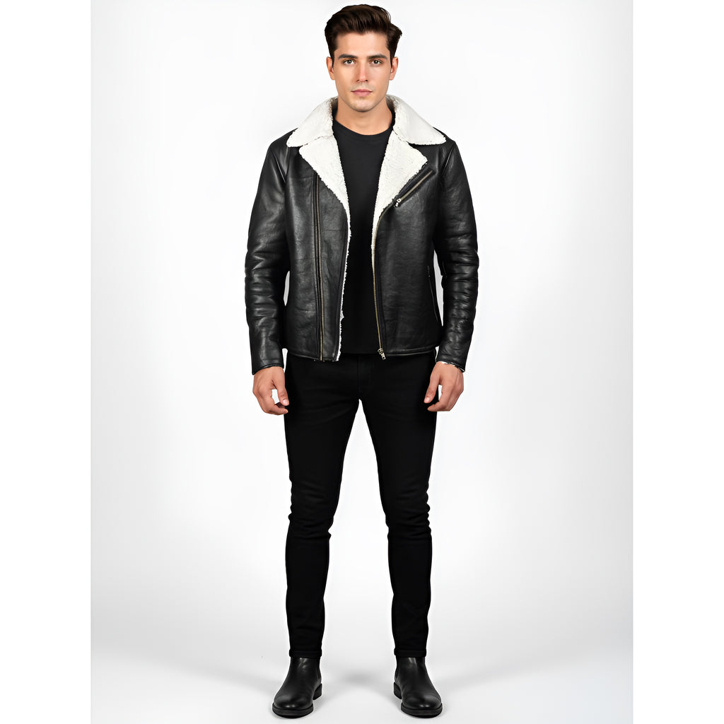 Man wearing a black leather jacket with white fur lining on a white background