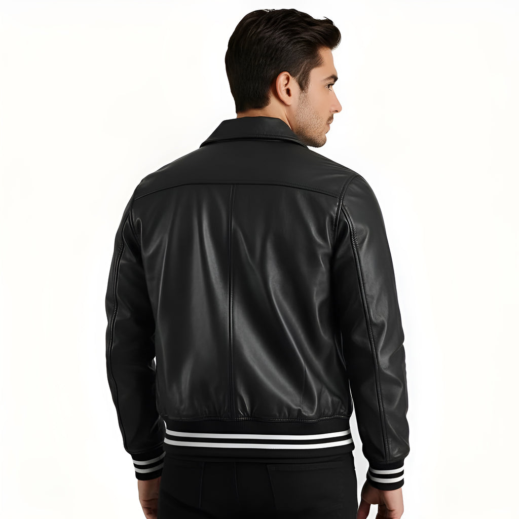 Man wearing a black leather jacket on a white background
