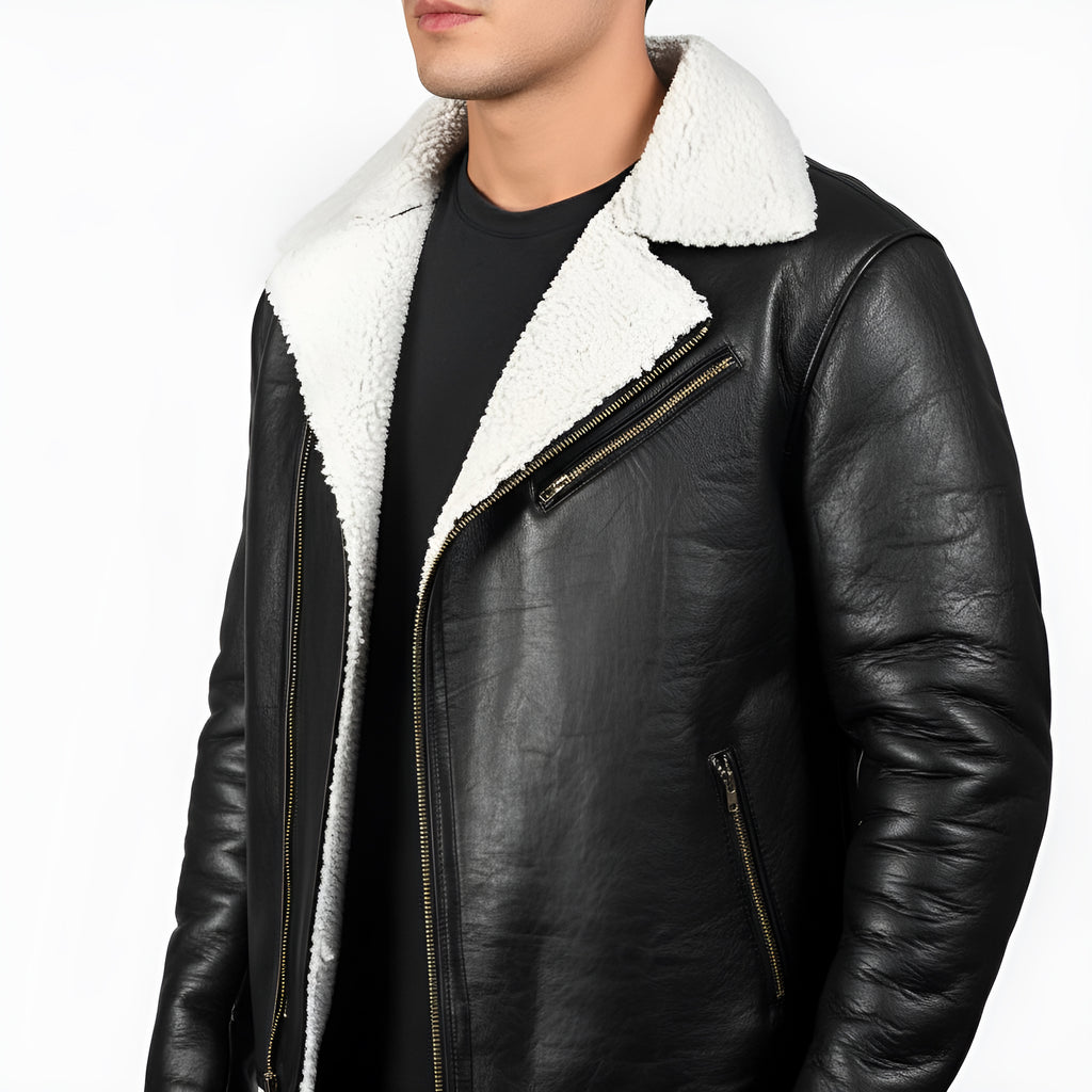 Black leather jacket with white fur lining on a white background