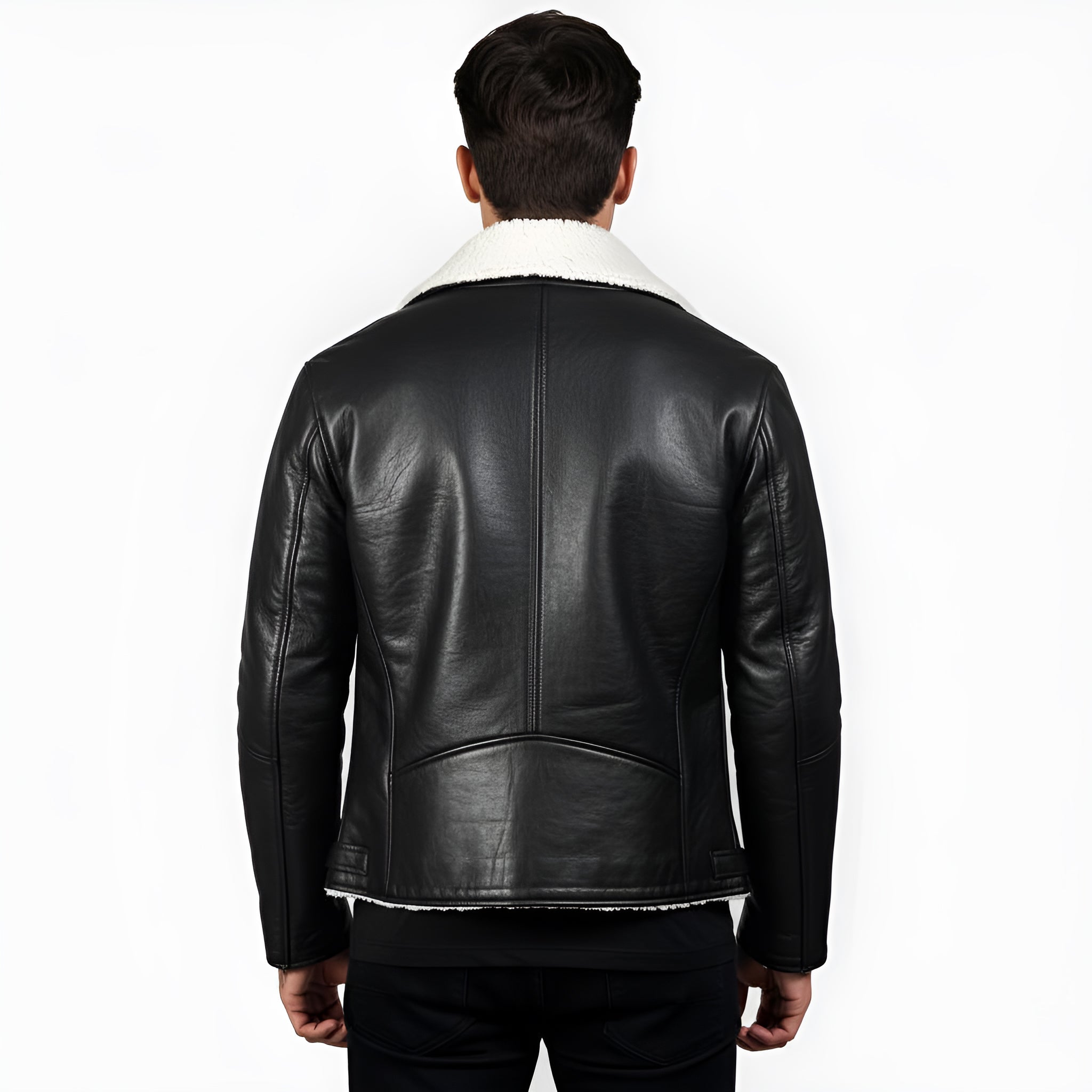 Black leather jacket with white lining worn by a person on a white background