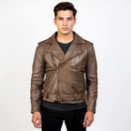 Man wearing a brown leather jacket on a white background