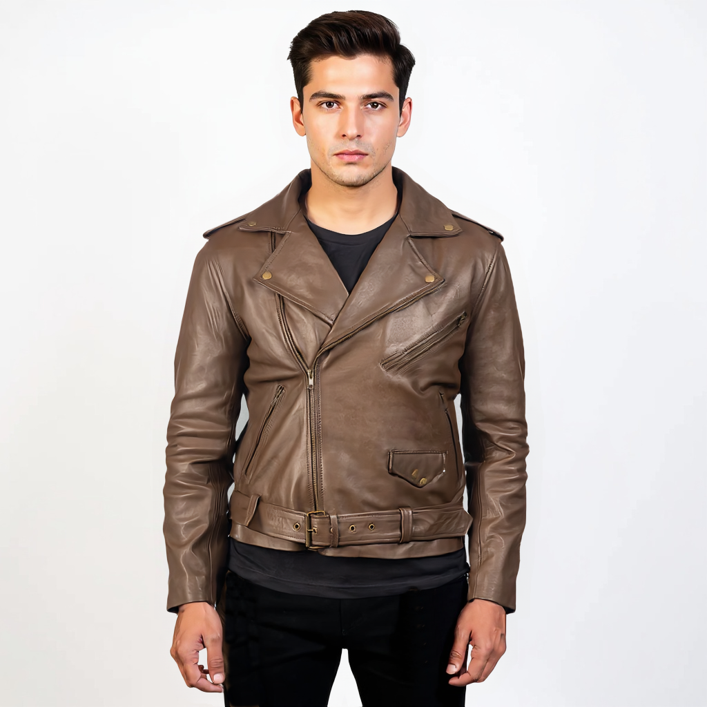 Man wearing a brown leather jacket on a white background