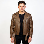 Man wearing a brown leather jacket on a white background