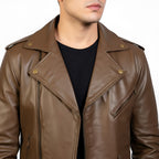 Brown leather jacket worn by a person on a white background