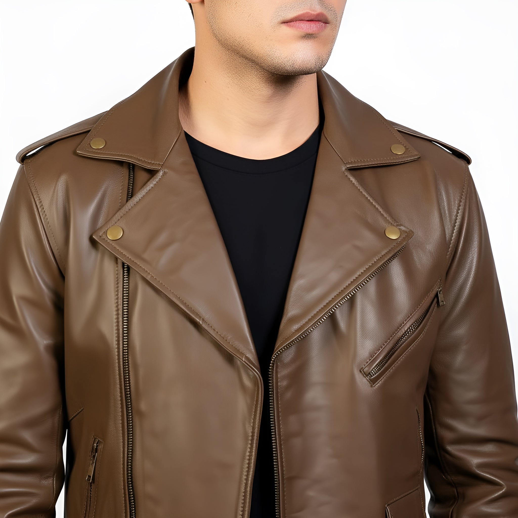 Brown leather jacket worn by a person on a white background