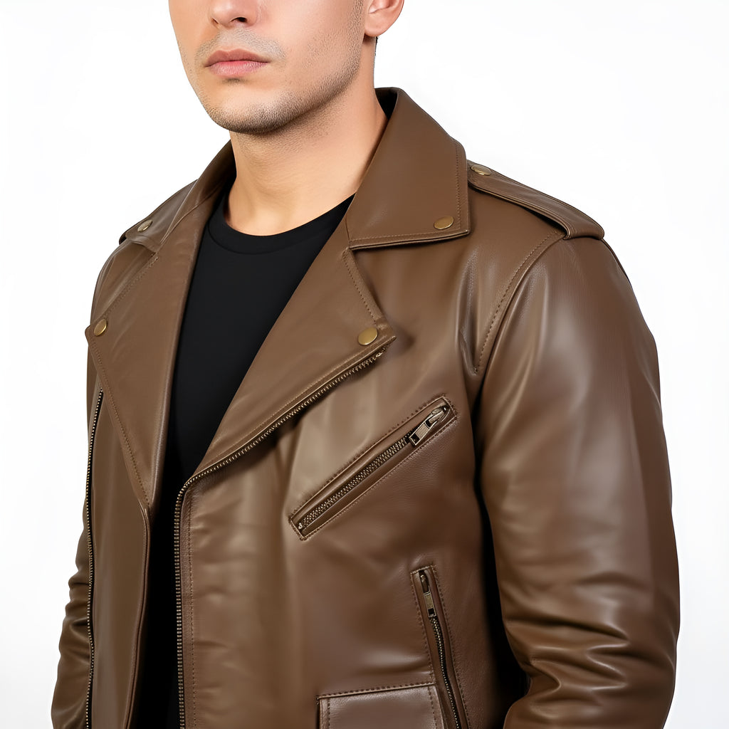 Brown leather jacket worn by a person on a white background