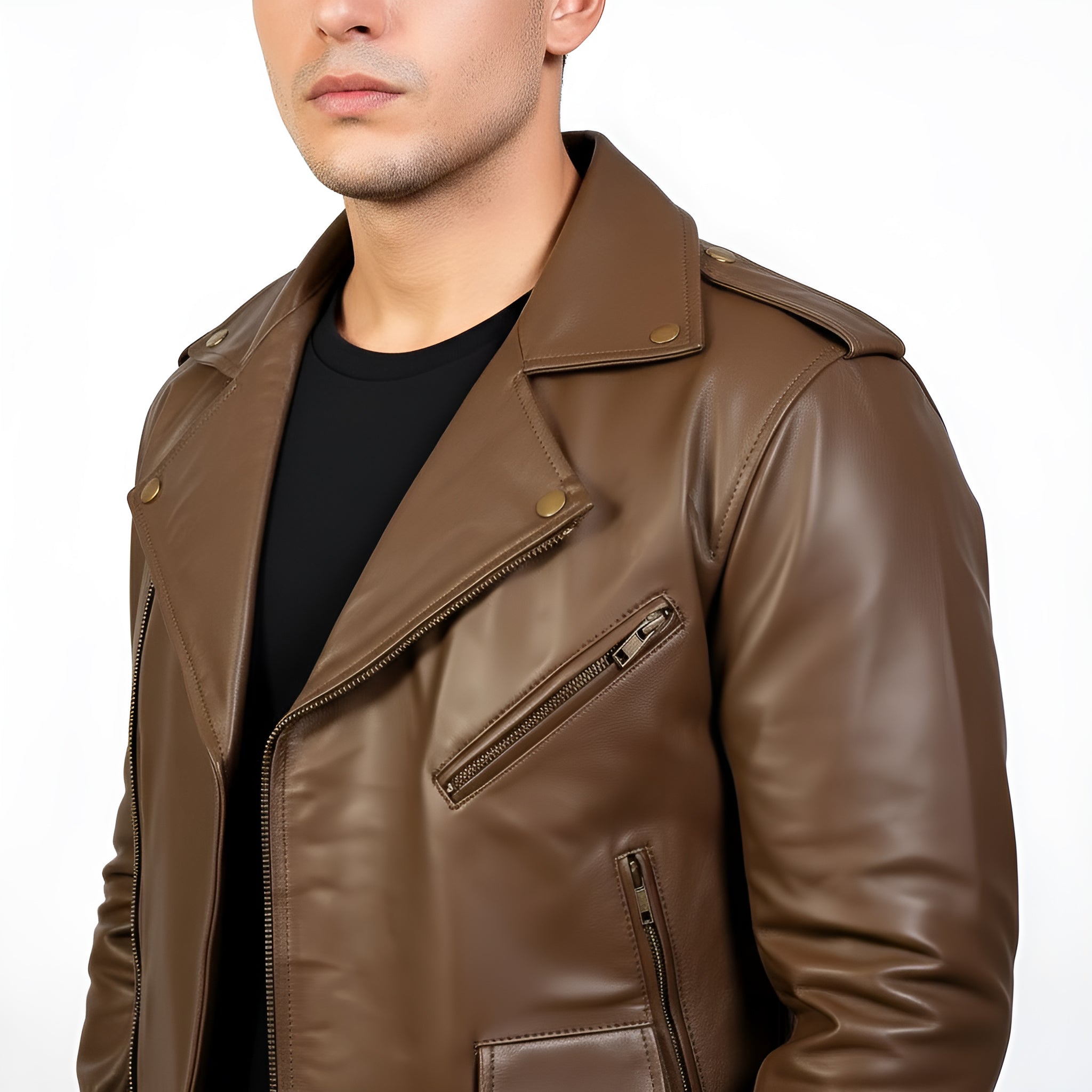 Brown leather jacket worn by a person on a white background