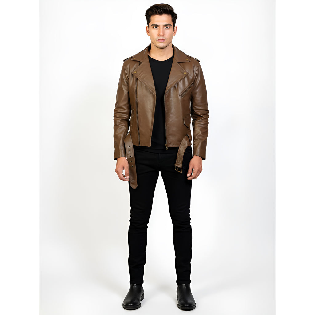 Man wearing a brown leather jacket and black pants on a white background
