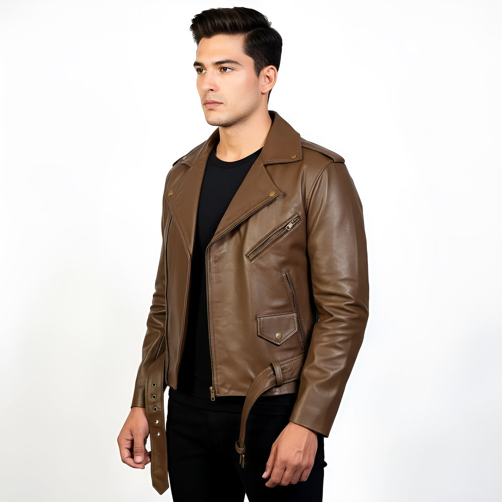 Man wearing a brown leather jacket on a white background
