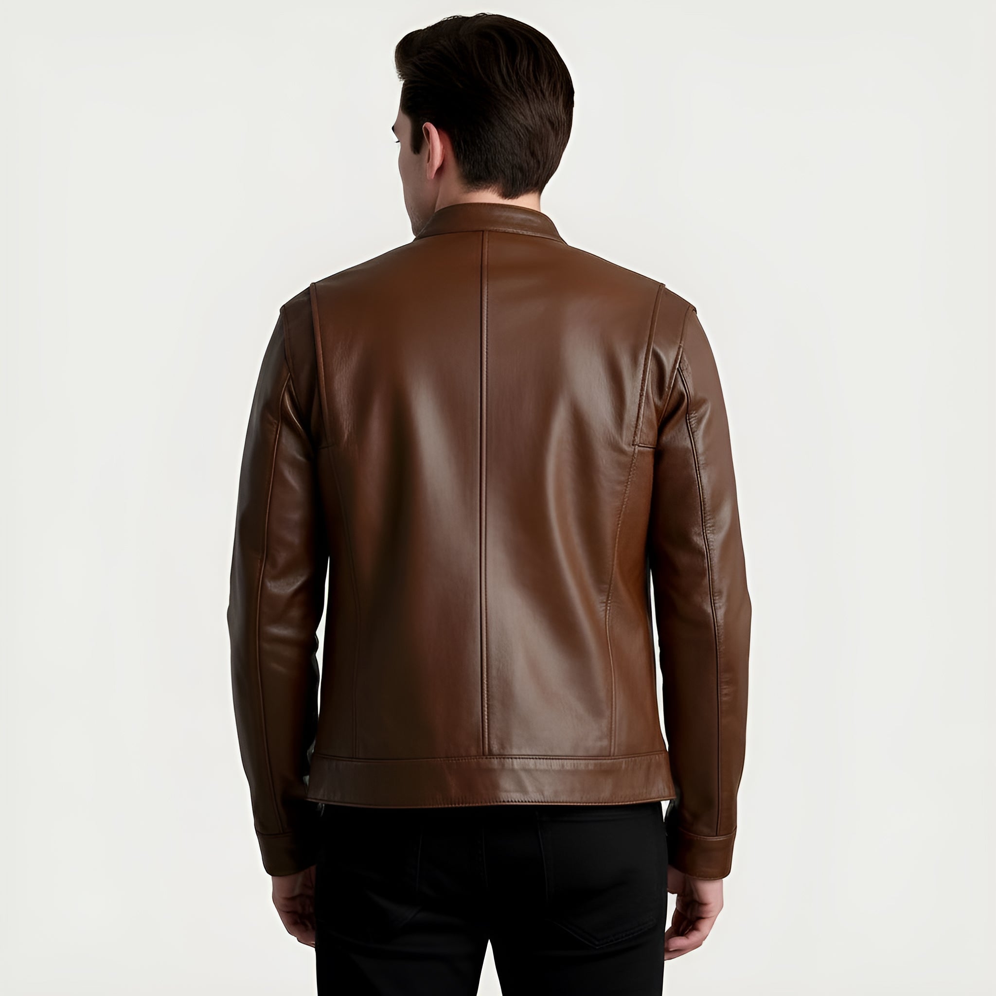 Man wearing a brown leather jacket on a white background