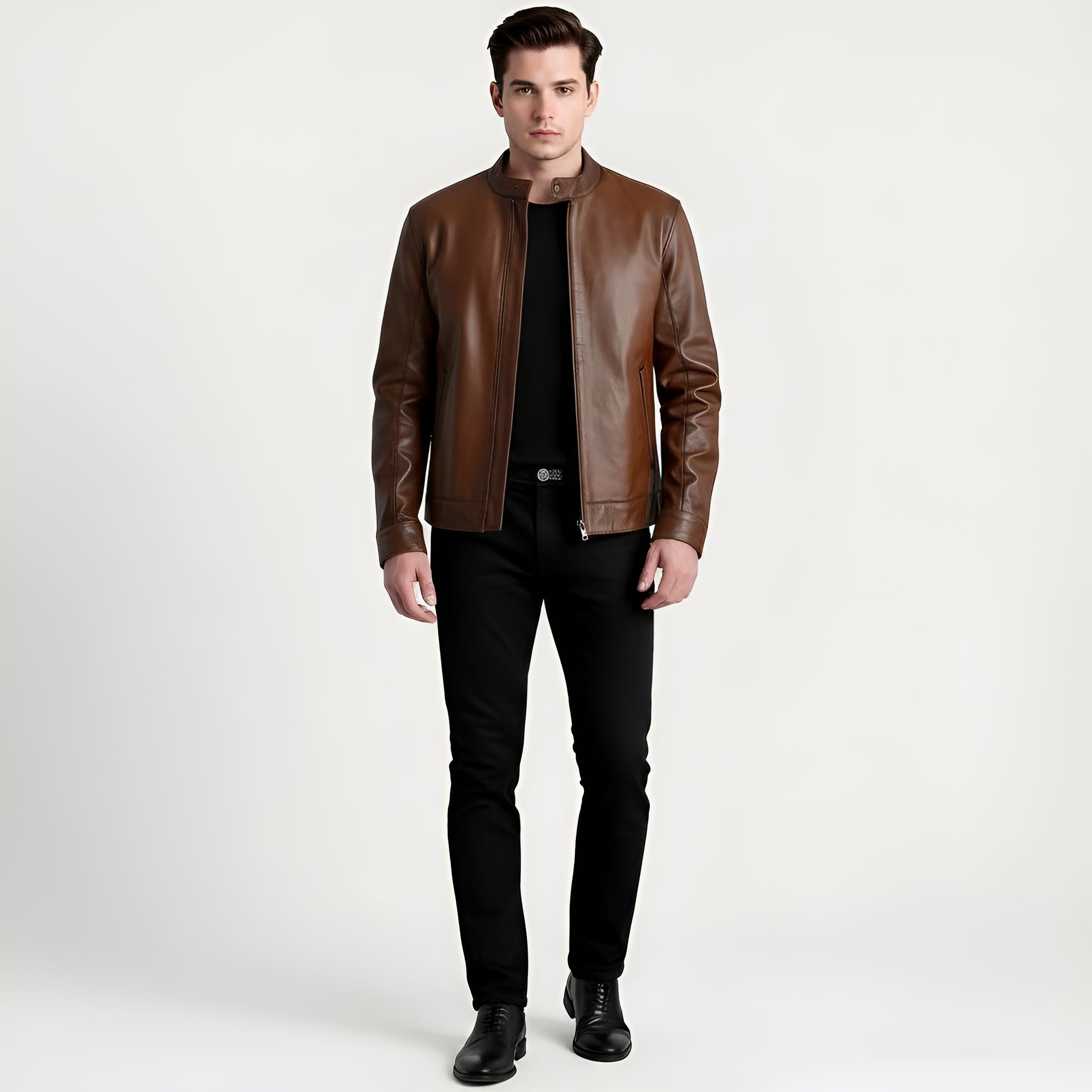 Man wearing a brown leather jacket on a white background