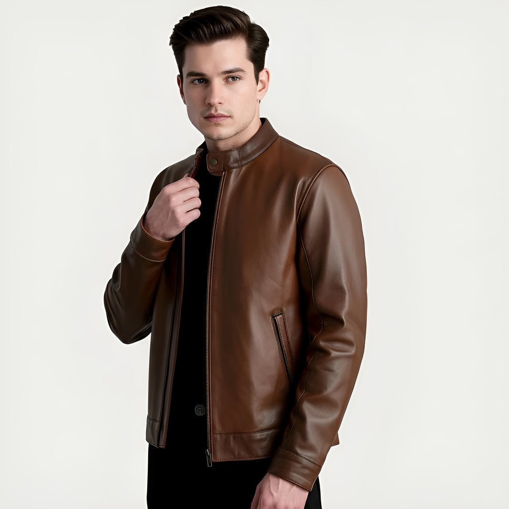 Man wearing a brown leather jacket on a white background