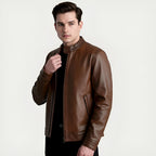 Man wearing a brown leather jacket on a white background
