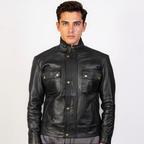 Man wearing a black leather jacket on a white background