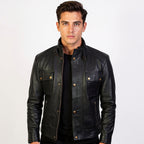 Man wearing a black leather jacket on a white background
