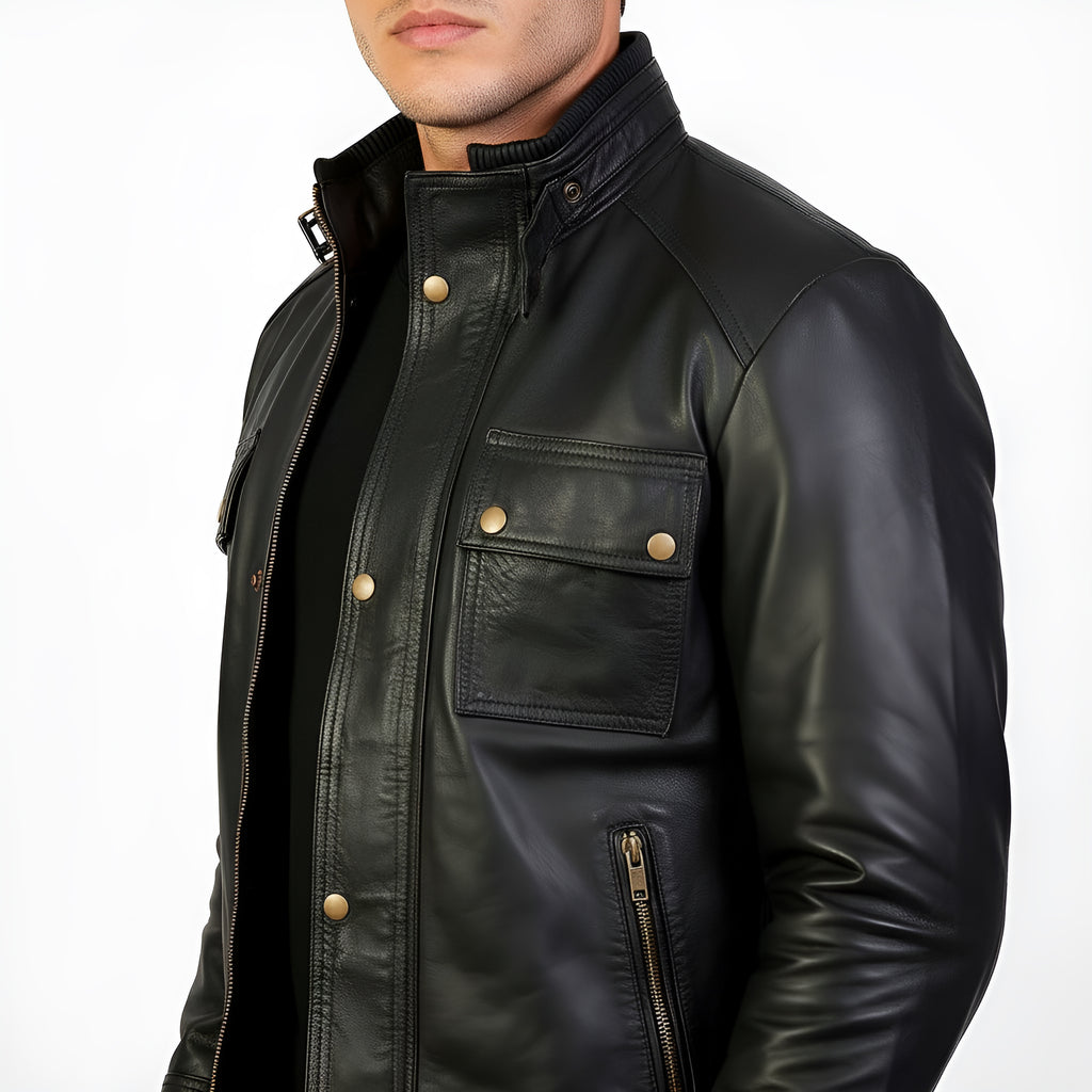 Black leather jacket with gold buttons on a white background