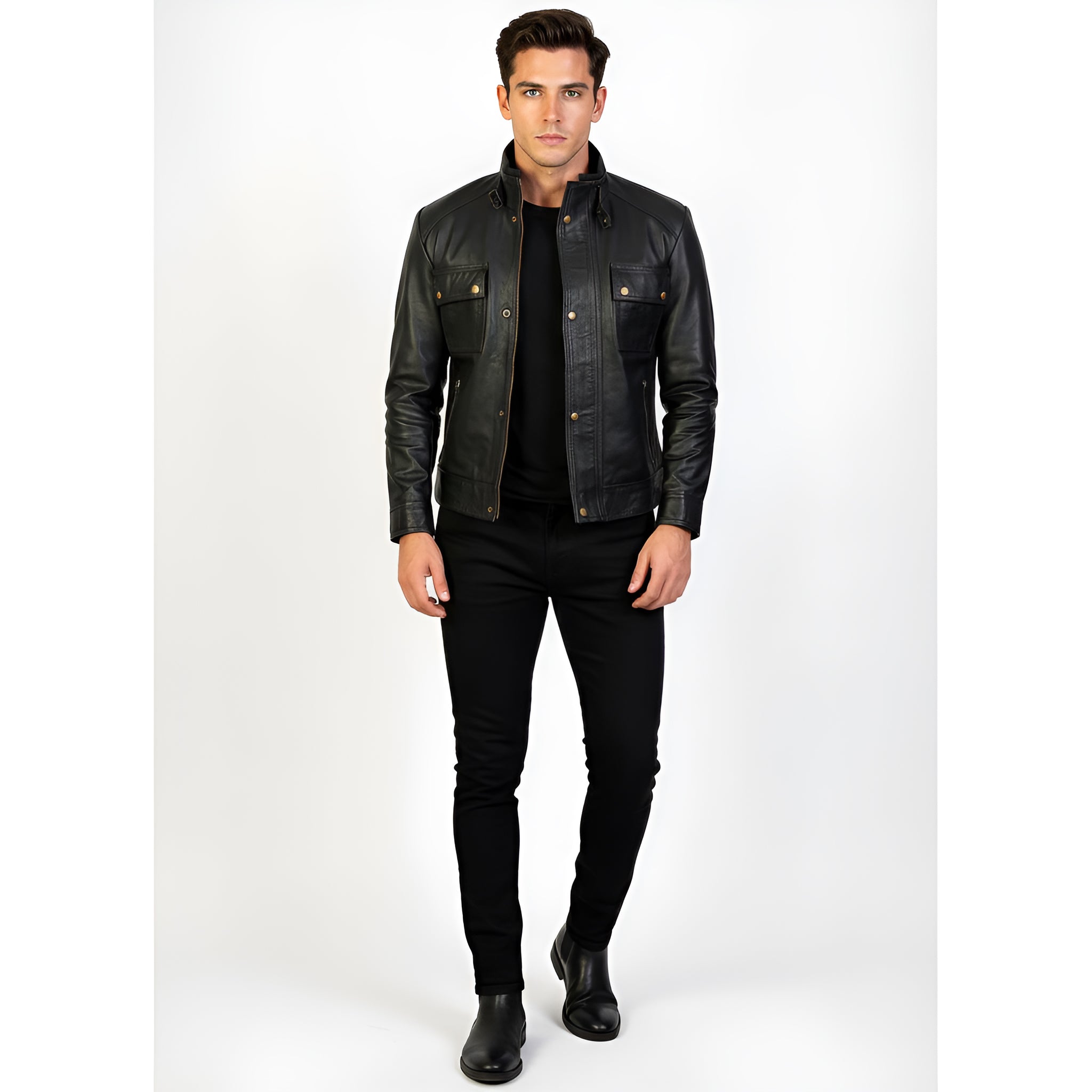 Man wearing a black leather jacket and black pants on a white background