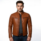 Man wearing a brown leather jacket on a white background