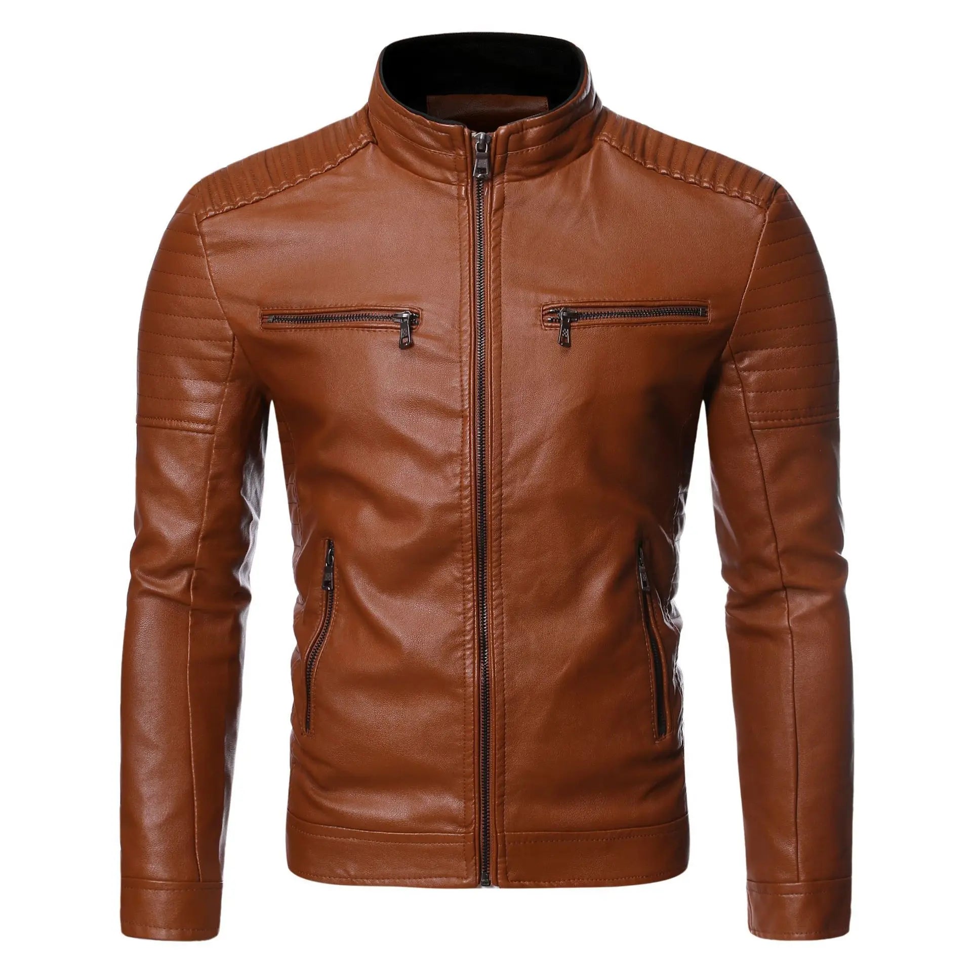 Brown leather jacket with zippers on a white background