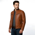 Man wearing a brown leather jacket on a white background