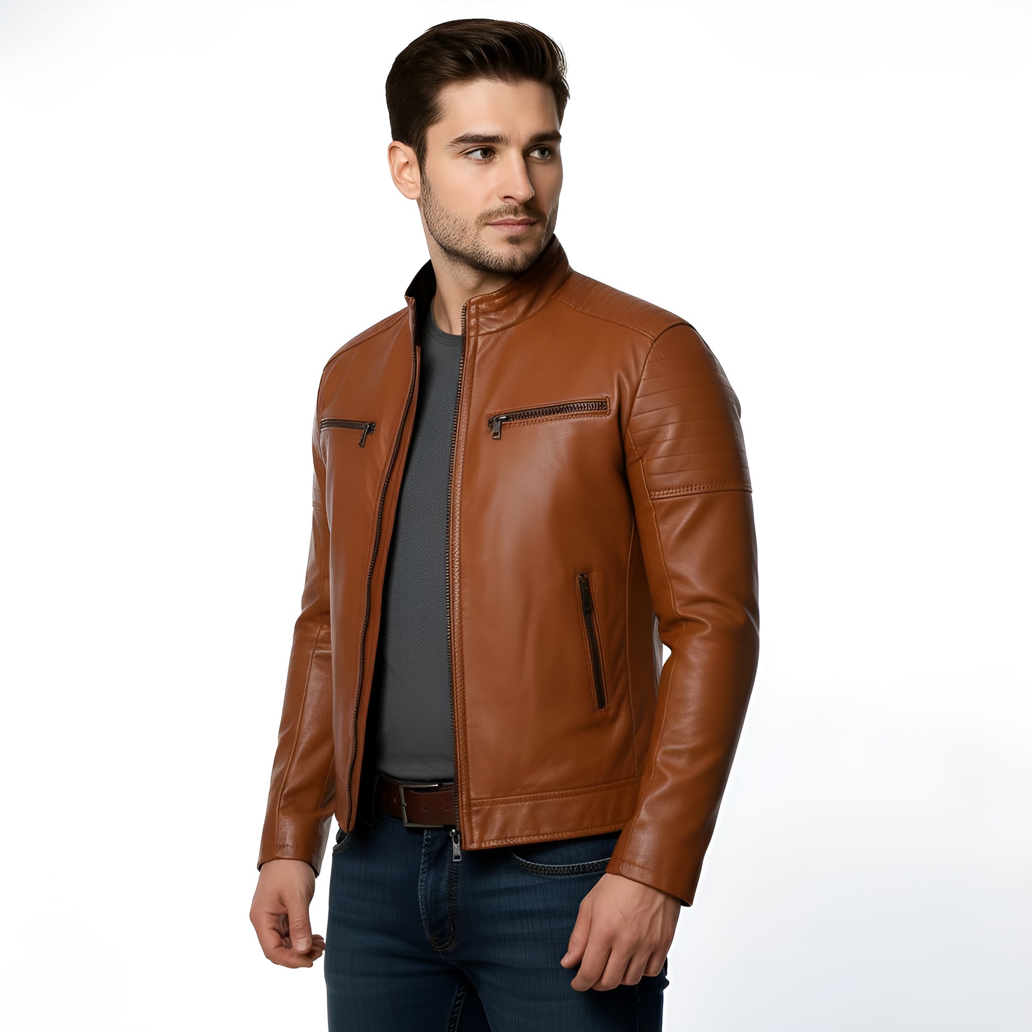 Man wearing a brown leather jacket on a white background