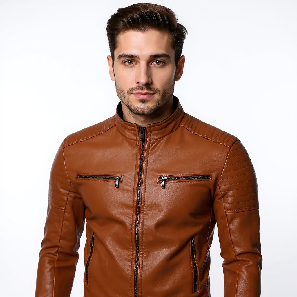 Man wearing a brown leather jacket on a white background