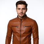 Man wearing a brown leather jacket on a white background