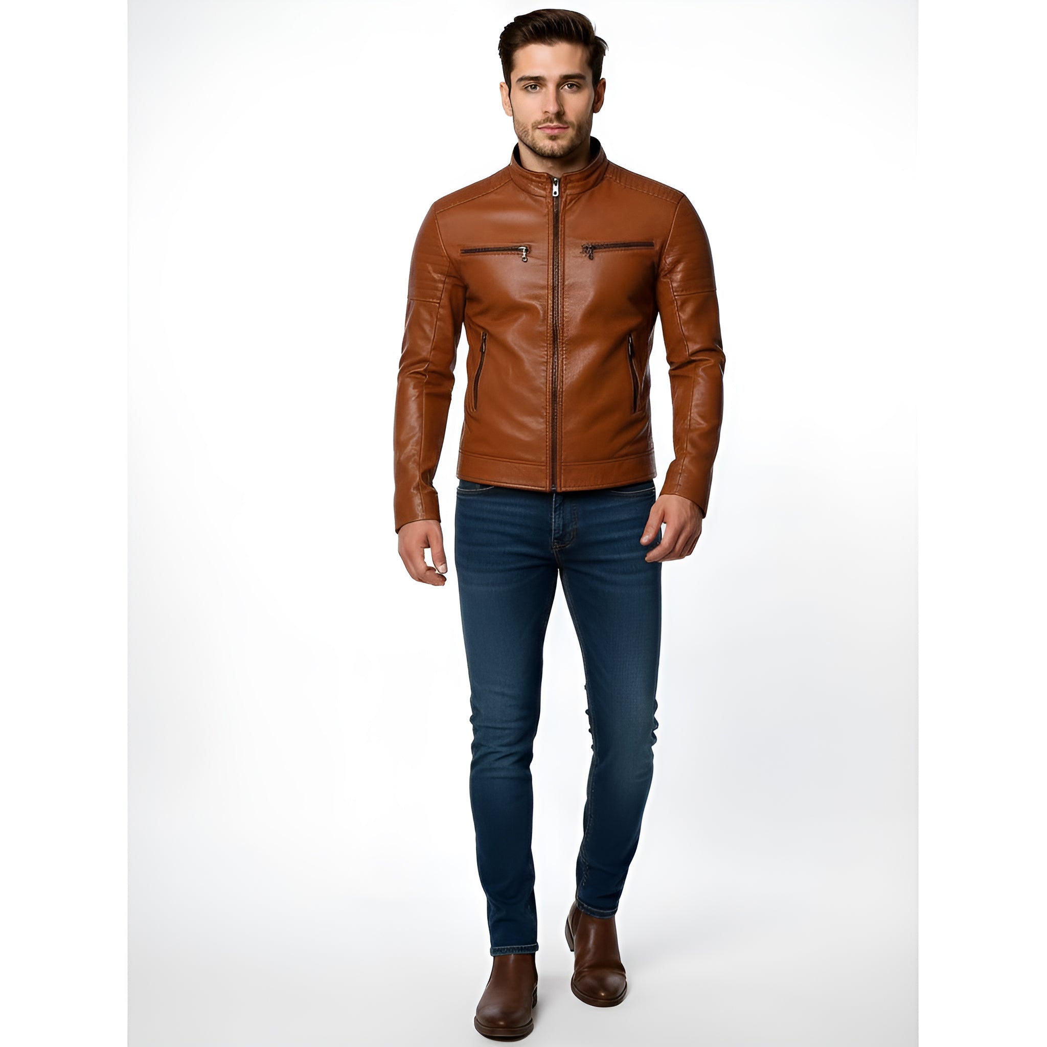 Man wearing a brown leather jacket and blue jeans on a white background