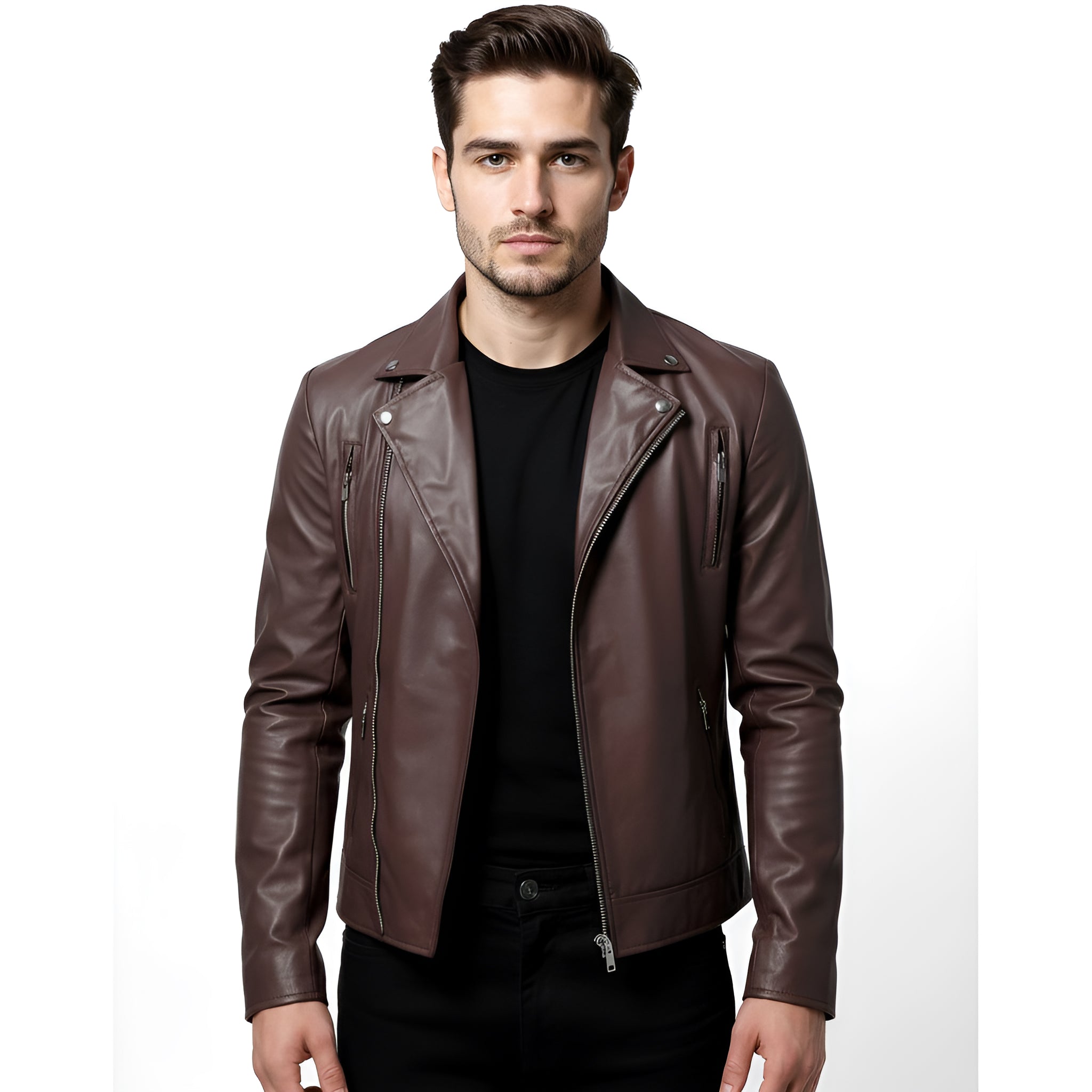 Men's Brown Sheep Leather Biker Jacket – Inferno Edition, Slim-Cut