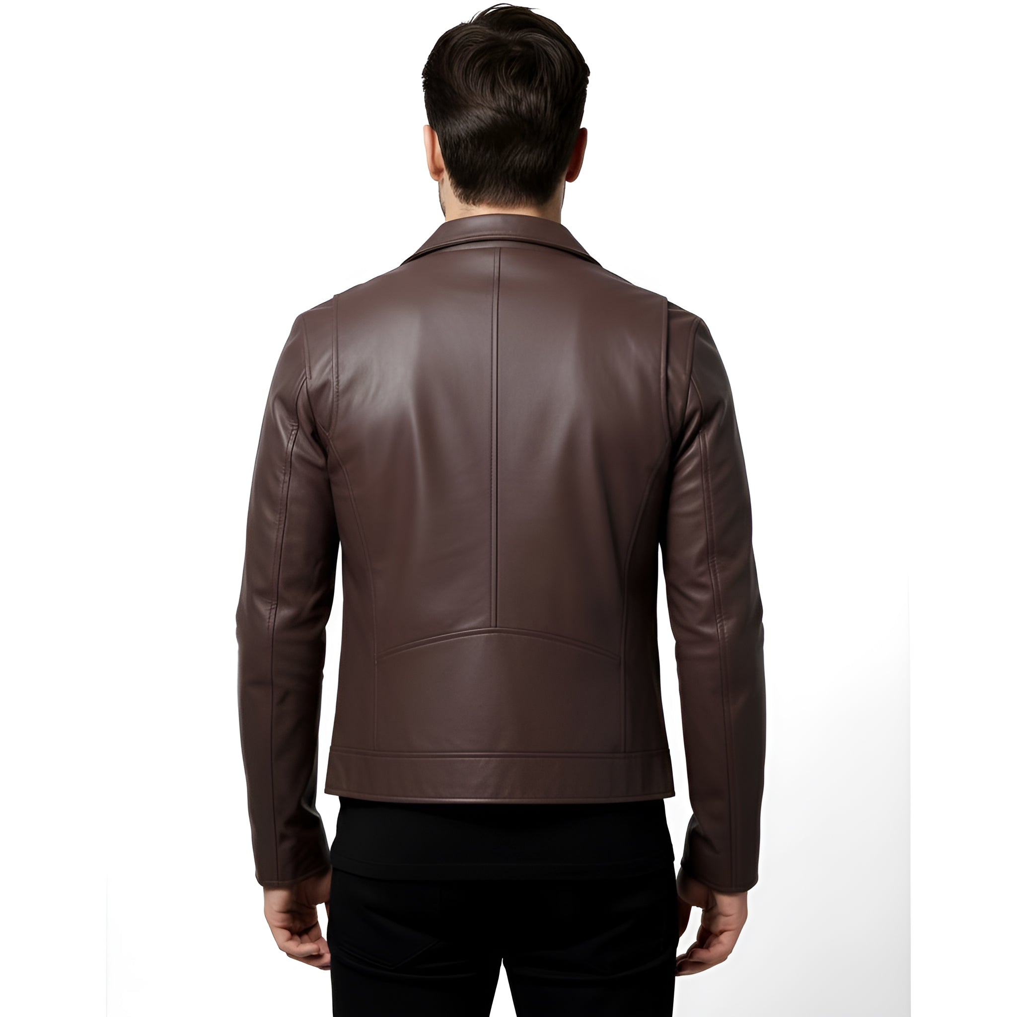 Brown leather jacket worn by a person on a white background