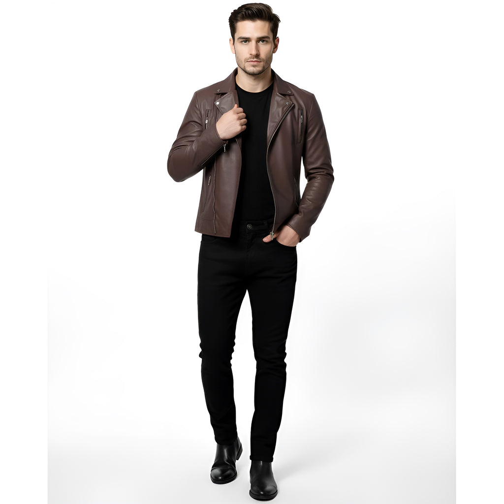 Man wearing a brown leather jacket and black pants on a white background