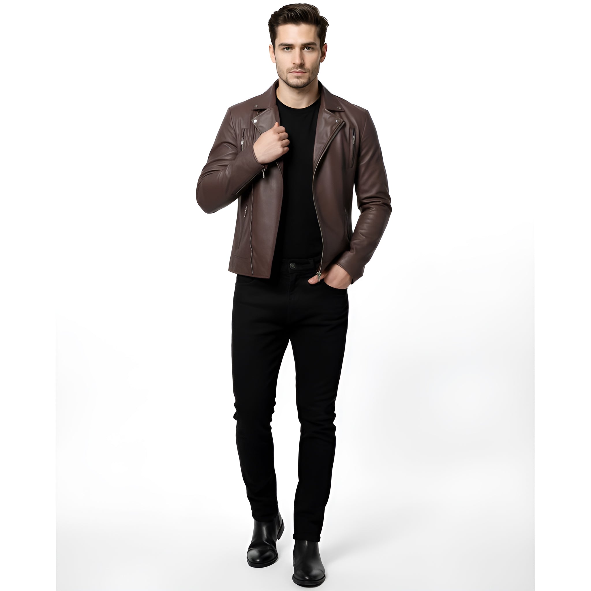 Man wearing a brown leather jacket and black pants on a white background