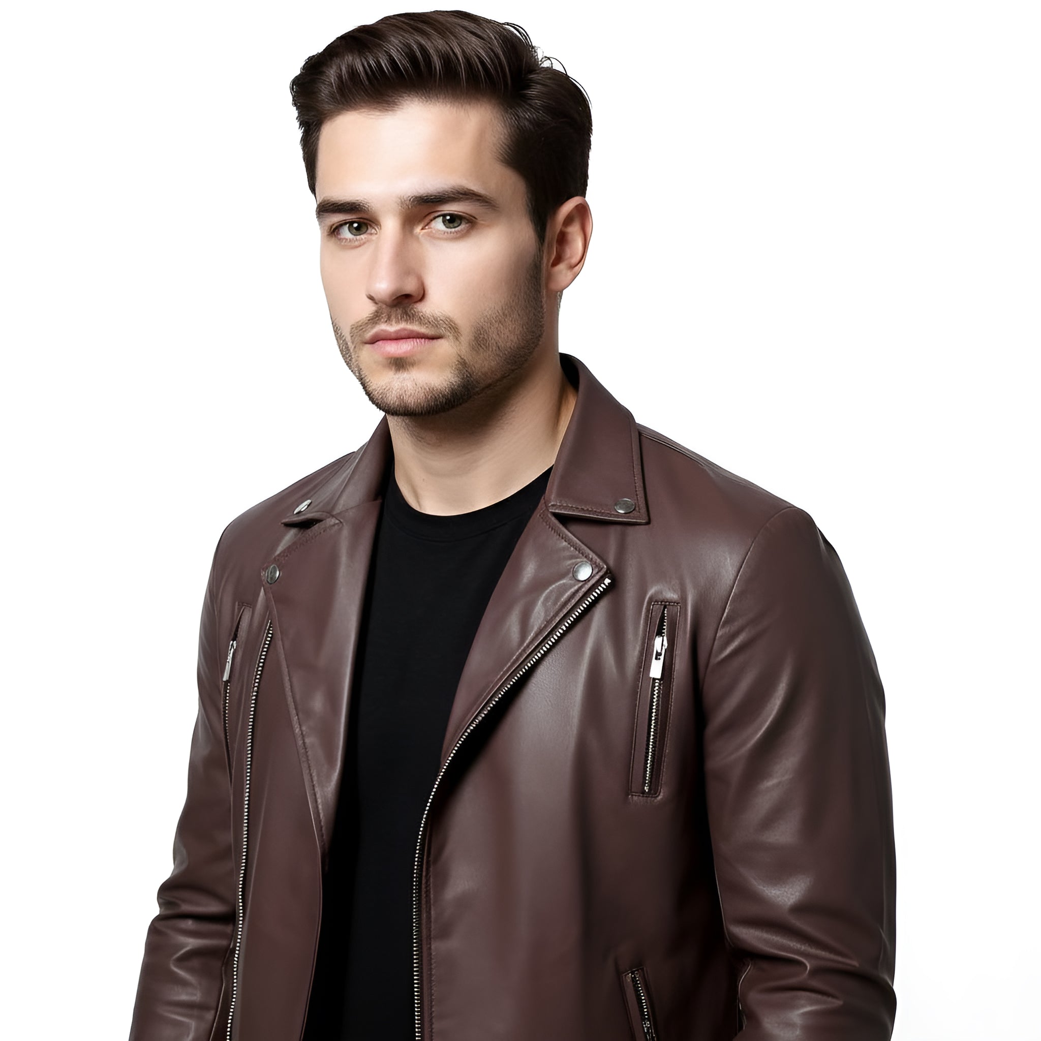 Man wearing a brown leather jacket on a white background